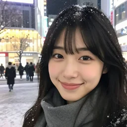 a smiling young japanese woman on a snowy night in Akihabara, close-up