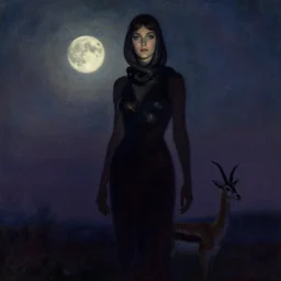 lush celestial twilight portrait in mysterious femininity, ethnic, clear eyes, statuesque, gazelle - like, femme fatale, dark gown and scarf, svelte fashion design, silhouette, subtle highlights, bathed in moonlight, chiaroscuro, impressionism, deep rich hues, vintage 1 9 5 0 s illustration