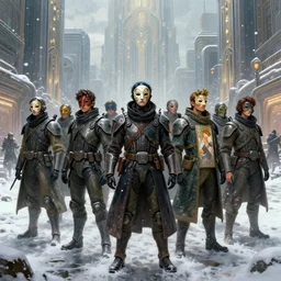 portrait of futuristic soldiers squad on the art deco streets of the undying empire city of ya - sattra during the festival of masks, snow, winter, award - winning realistic sci - fi concept art by beksinski, bruegel, greg rutkowski, alphonse mucha, and yoshitaka amano
