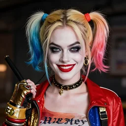 portrait of Margot Robbie as Harley Quinn, Pixiv style, detailed,