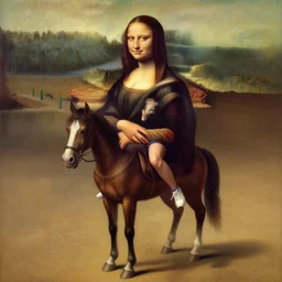 a young woman wearing a short dress and sneakers riding a horse!, looks like mona lisa, sharp focus, hyper realistic, centered, extremely detailed, long shadows, wide shot!, a painting by leonardo da vinci