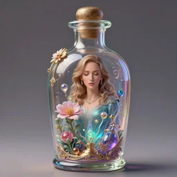 a cute emily blunt inside an ornate bottle of iridescent liquid, alchemy, intricate, bloom, detailed, volumetric lighting, sharp focus, photorealism, digital painting, highly detailed, concept art, by by artgerm and wlop