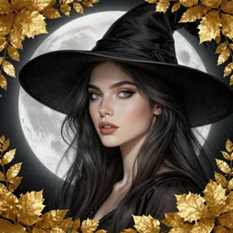 golden leaves at frame border, moon! creative composition for a book cover, moon, beautiful portrait painting by jeremy mann, a female witch absurdly beautiful, elegant, ultrafine hyperrealistic detailed face illustration by wlop and artgerm and greg rutkowski, intricate linework, sharp focus, smooth, octopath traveler, final fantasy, unreal engine, dramatic lighting, ethereal, 8 k