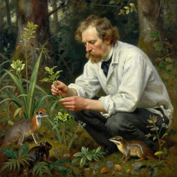 highly detailed oil painting of a a swedish biologist who studies various plants and animals in the forest, very realistic, art nouveau, dramatic light,