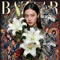 pretty model with white lilies : : by martine johanna and simon stalenhag and chie yoshii and casey weldon and wlop : : ornate, dynamic, particulate, rich colors, intricate, elegant, highly detailed, vogue, wolf, harper's bazaar art, fashion magazine, smooth, sharp focus, 8 k, octane render