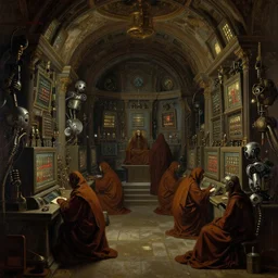 computational tunnels, a tunnel complex full of mechanical computers and hooded monks and robots, dramatic baroque oil painting, chiaroscuro