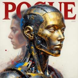 3 d, metalic black and gold head of cyborg, vogue cover style, blue and yellow and red paint splatters and paint splashes, 3 d poster art, high detail, 3 d intricate oil painting, multiple exposure, stanley kubrick mood, hyperrealism, 3 d, by tooth wu and wlop and beeple and greg rutkowski