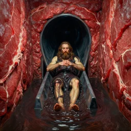 ultra wide, a bearded prophet jonah inside middle of dark slimy water slide tube, the walls are made of red meat, the floor is flooded, by craig mullins, ilya repin