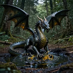 a dragon emerging from a pool of oil, photograph taken in a dark forest