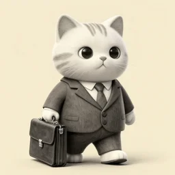 3D photorealistic pencil drawing of a cat in a suit with a briefcase on his way to work