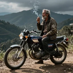 old biker smoking a cigarette sitting on a motorbike