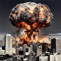 surrealistic collage art, nuclear explosion in a city