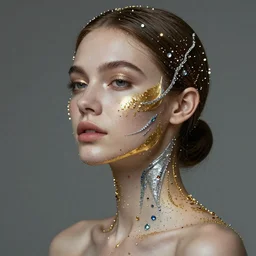 portrait of a beautiful calm futuristic woman layered with high-tech jewelry wrapping around her face and head and shoulders, golden-silver light with tiny blue, gold, and red gems scattered like dust