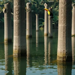lake with hexagonal pylons and a toucan, cinematic, filmic, wildlife photography, x - ray, ray tracing reflections, insanely detailed and intricate, hypermaximalist, elegant, ornate, hyper realistic, super detailed