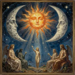 vintage beautiful astral painting of the last buffer with the gods of sun and moon