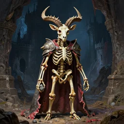 A little vibrant. A spiked horned detailed semideer-semihuman skeleton with armored joints stands in a large cavernous dark castle with a pebble in hands. Wearing massive shoulderplates, cloak. Extremely high details, realistic, fantasy art, solo, masterpiece, bones, ripped flesh, colorful art by Zdzisław Beksiński, Arthur Rackham, Dariusz Zawadzki, Harry Clarke