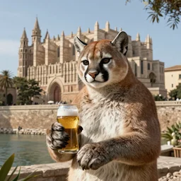 A wild humanoid Puma holding a fresh beer with its paws in the city centrum from Palma de Mallorca with Palma Cathedral in the background, highly detailed, octane render