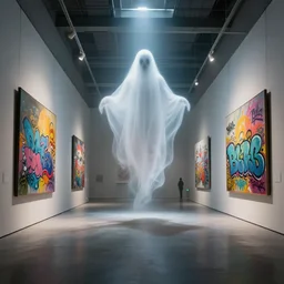 ( ( ( ( ethereal ghost floats through ) ) ) ) interior futuristic art gallery wide angle highly detailed by ricardo boffil, wall hanging paintings of grafitti art by saturno butto and wlod, captivating 8 k hdr, octane render godrays