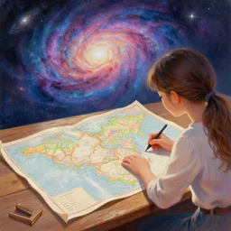 a beautiful painting of a cute lady cartographer looking over a large paper map of galaxy spiral psychedelic human consciousness. the map is resting on a wooden table. digital art painting featured on artstation