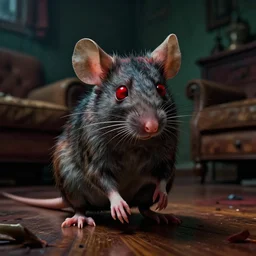 cinematic colorful horror artwork by artgerm, beksinski, mark brooks ; real life full portrait of ugly furry mouse, red eyes, crouching at living room floor ; dark ominous scary, 8 k hdr, creepy intricate ; volumetric dramatic lighting, insanely detailed, haunting