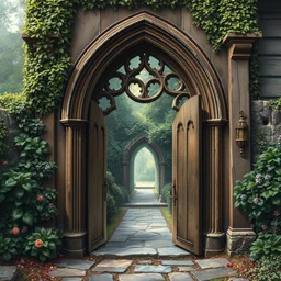 a photo of an old wooden gothic doorway with arc in a gothic garden leading to a portal of unknown, painted by greg rutkowski and dan mumford, thomas kinkade