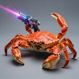 photo of a crab with futuristic laser pistols, with laser pistols