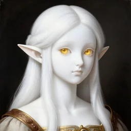 renaissance painting anime character, elf girl with white skin and golden eyes, golden rings on red lips, flattering hair, fashion portrait, hyper detailed, makoto shinkai