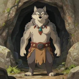 burly tough character feature portrait of the anthro male anthropomorphic wolf fursona animal person wearing tribal primitive caveman loincloth outfit belt standing in the entrance to the cave, center framed character design stylized by charlie bowater, ross tran, artgerm, makoto shinkai, detailed, soft lighting, rendered in octane