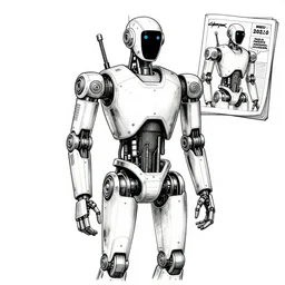 industrial humanoid robot standing neutrally, robotic head, a page from cyberpunk 2 0 2 0, style of paolo parente, style of mike jackson, 1 9 9 0 s comic book style, white background, ink drawing, black and white