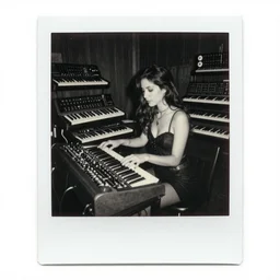 black and white realistic detailed polaroid photograph of sexy witches worshipping a room full of synthesizers occult