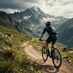 A epic view of a cyclist looking at the greatest mountain bike trail ever, dramatic lighting, cinematic, establishing shot, extremely high detail, foto realistic, cinematic lighting, post processed, concept art, high details, cinematic, 8k resolution, beautiful detailed, photorealistic, digital painting, artstation, concept art, smooth, sharp focus, artstation trending, octane render, unreal engine