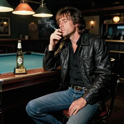 photo of Jimmy page sitting on barstool in a dive bar, pool table in the background, he is smoking a cigarette, a beer bottle sits on the bar next to him, award winning, high quality n 6