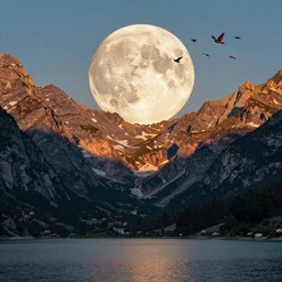 a dslr hd picture of full moon rising between mountains, colorful birds flying around moon, moon light shining on mountains and lake below, highly detailed