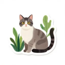 vinyl sticker of cat and plants, white background, sharp, clear focus, high quality, studio lighting, trending on instagram, product