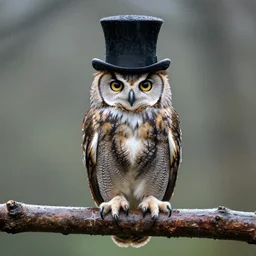 an owl on a branch wearing a top hat, in the rain