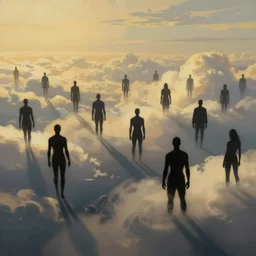 cyberpunk, silouettes and shadows of a group of many people in human shapes, flying in the open sky and the clouds, human figures in all black, atmospheric lighting, painted, intricate, golden hour, ultra detailed by peter gric, giger, enki bilal