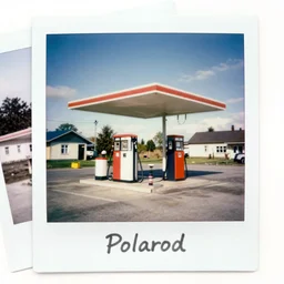 amateur Polaroid of a rural Finnish gas station, color burn, desaturated colours, 1977