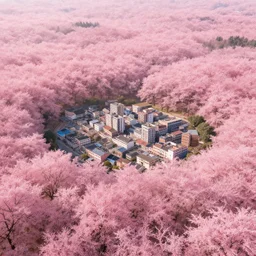 a small town surrounded by pink forest, artstation