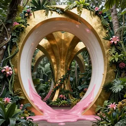 a massive gold and white pink fluid sculpture in the jungle covered in flowers and vines photograph, architecture carved for a titan, beautiful in its smoothness and expansiveness, curving geometric arches, architectural photograph by louis kahn and moshe safdie