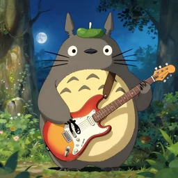 totoro, playing an electric guitar and doing the horn symbol with his hand fantasy digital art, wow, stunning, ghibli style, hight quality