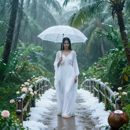 monsoon on tropical island, beautiful oriental girl in white, frontal, ornate, beautiful, atmosphere, vibe, mist, coconuts, rain, wet, pristine, puddles, melting, dripping, snow, creek, lush, ice, bridge, forest, roses, flowers, by stanley artgerm lau, greg rutkowski, thomas kindkade, alphonse mucha, loish, norman rockwell