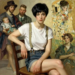 a woman with black hair pixie haircut in shorts with suspenders and white t-shirt sitting on a chair drawn by frank frazetta, Alexandre Cabanel, norman rockwell, peter paul rubens, maler collier, alphonso azpiri, alphonse mucha, gustav klimt 4k, unreal 5, DAZ, french noveau, trending on artstation, octane render, hyperrealistic