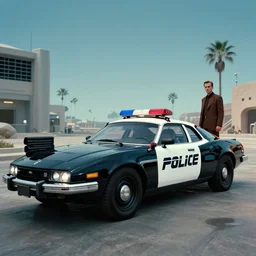 A futuristic police car from Blade Runner 2049, film still from the movie directed by Denis Villeneuve with art direction by Salvador Dalí, wide lens