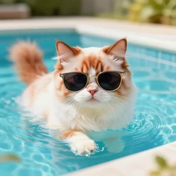 realistic drawing of a red mitted ragdoll kitten wearing sunglasses playing in the swimming pool.