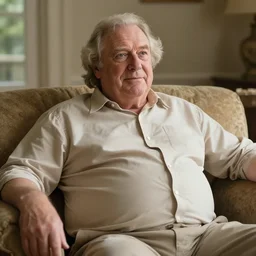 natural wide picture of older handsome lord richard. he is sitting gracefully on a sofa, his eyes look wise, happy wise. oh he is a human by the way, wear's beige shirt, has firm skin and bouncy belly