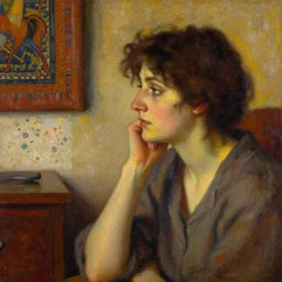 face of a woman, thoughtful, warm glow, cozy room bathed in light, captured memory, recollection, impressionism, woven textiles, stucco wall, radiosity, pj crook, terrazzo, michael garmash, alphonse mucha, livia prima, nick alm, casey baugh, deep color, oil on canvas