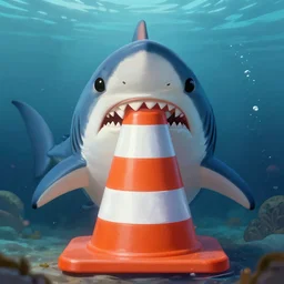 orange and white traffic cone great white shark eyes and teeth teeth teeth teeth teeth, cute, beautiful, wide shot, underwater background detailed atmospheric - ron cheng & alphonse mucha, highly detailed, digital painting, ray tracing, concept art, illustration, smooth sharp focus, intricate, symmetry, artstation,