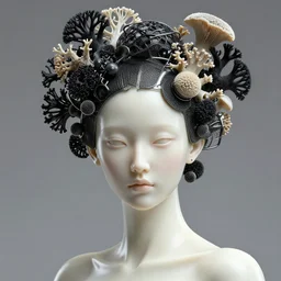 hyper detailed ultra sharp portrait of a beautiful fashionable porcelain ivory cyberpunk mechanoid, well contoured smooth fair skin, up close shot, sharp focus, global illumination, radiant light, haute couture alexander mcqueen black corals headdress made of corals, wire mesh, brackets, mushrooms, puffballs, rhizomorphs, alexandre ferra, irakli nadar, octane render, 4 k, ultra hd,
