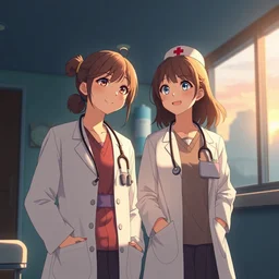 two cute young female doctors wearing white coat, a nurse, cheering up, sunrise lighting, hospital ward, slice of life anime, cinematic, realistic, anime scenery by makoto shinkai