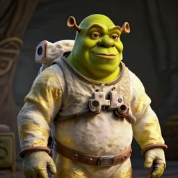 shrek in astronaut suit with gold linens, cinematic lighting, dramatic,  octane render, long lens, 8k, hyper detailed